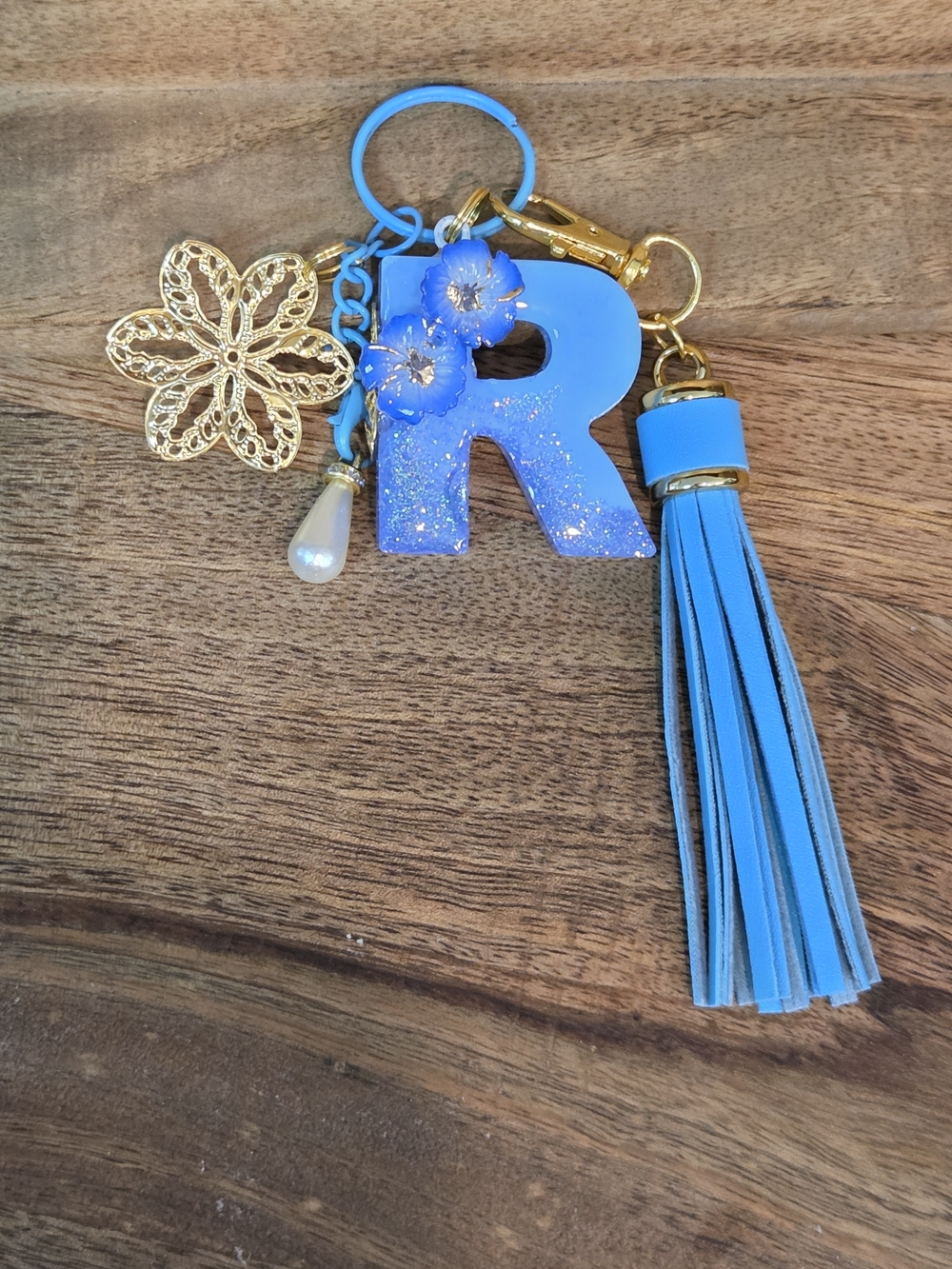 Blue Initial "R" Keychain, Bag Charm with Flowers, Tassel and Gold Accents